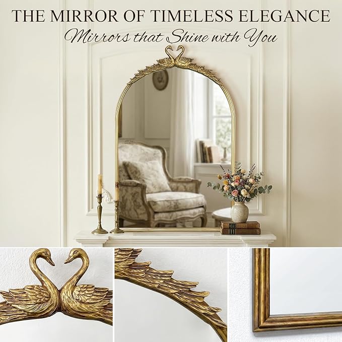 Gold Baroque Vintage Mirror for Vanity 24x35.5Inch Gold Antique with Ornate Frame, Arched Vintage Wall for Bathroom, Living Room, Fireplace, Entryway (Golden (Arched 5), 36"L x 24"W（Vertical ）)