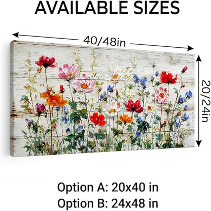 BQVCT Rustic Wildflower Canvas Wall Art 20x40 Inch on Distressed Wood Colorful Floral Print Red Pink Blue Orange Flowers Painting Farmhouse Home Decor for Living Room Bedroom