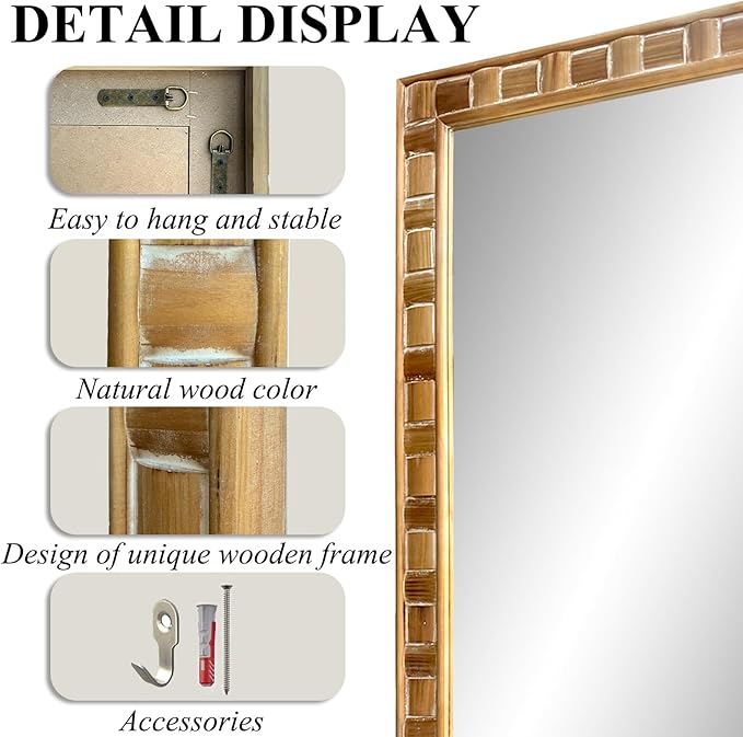POZINO Full Length Mirror with Solid Wood Frame, 65"X30" Farmhouse Wooden Floor Mirror for Dressing, Large Rustic Rectangle Wall Mirrors for Living Room Bathroom Bedroom, Horizontal Or Vertical