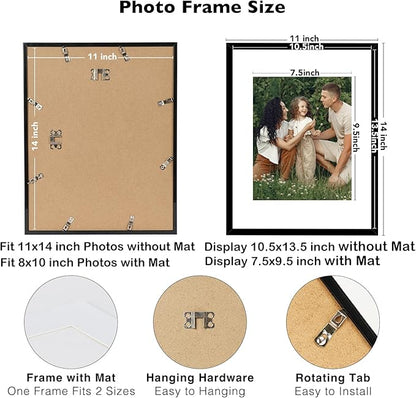 JCJMY 12 Packs 11x14 Picture Frames, Display 8x10 with Mat or 11x14 Without Mat, Black Gallery Wall Frame Set, 11 by 14 Frames Bulk Set of 12 Collage Wall Decor Photo Frames Set for Wall, Black