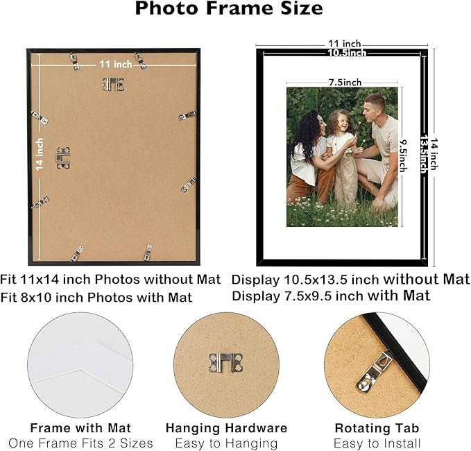 JCJMY 10 Packs 11x14 Picture Frame, Display 8x10 with Mat or 11x14 Without Mat, Black Gallery Wall Frame Set, 11 by 14 Frames Bulk Set of 10 Collage Wall Decor Photo Frames Set for Wall, Black