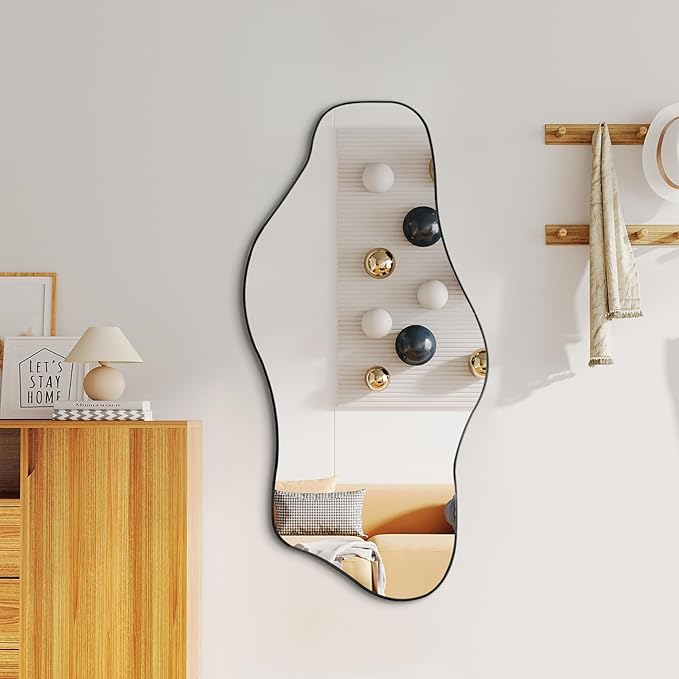 Irregular Frameless Mirror, 35.8"x17.7" Asymmetrical Tempered Glass Mirror, Modern Abstract Wall Mirrors for Living Room Bathroom Bedroom Hallway Entryway, Horizontal or Vertical Hanging