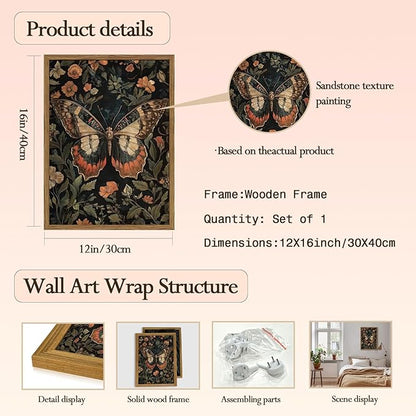 Framed Vintage Butterfly Wall Art, Dark Academia Flowers Insect Pictures Wall Decor Paintings, 3D Textured Sandstone Nature Botanical Prints for Living Room Bedroom Office Home Decor 12x16 inch
