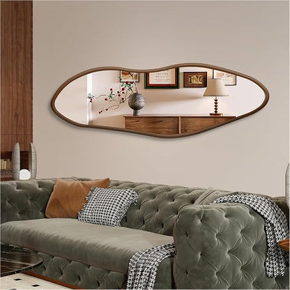 22" x 65" Irregular Full Length Mirror Wall Mounted, Walnut-Colored Wood Framed Mirror, Asymmetrical, Decor Bedroom, Dressing Room, Hallway, Living Room, Entryway, Horizontal/Vertical