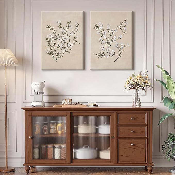Vintage Botanical Wall Art Neutral Floral Prints Farmhouse Flower Canvas Wall Decor Watercolor Wildflower Pictures Nature Minimalist Artwork for Living Room Bedroom 12x16 Inch Wrapped Canvas Set of 2