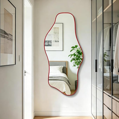Large Irregular Mirror, 54.5"x24" Asymmetrical Tempered Glass Mirror, Red Modern Organic Shape Frameless Mirrors for Living Room Bedroom Hallway Entryway, Horizontal or Vertical Hanging