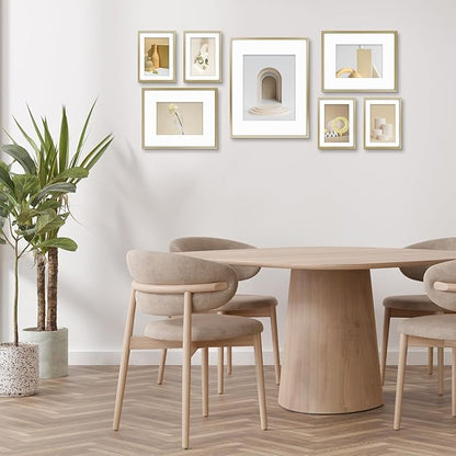 Frametory, Aluminum Picture Frames Set of 7 - Gold Gallery Wall Kit - Displays One 11x14, Two 8x10, and Four 5x7 inch Photos for Home Decoration