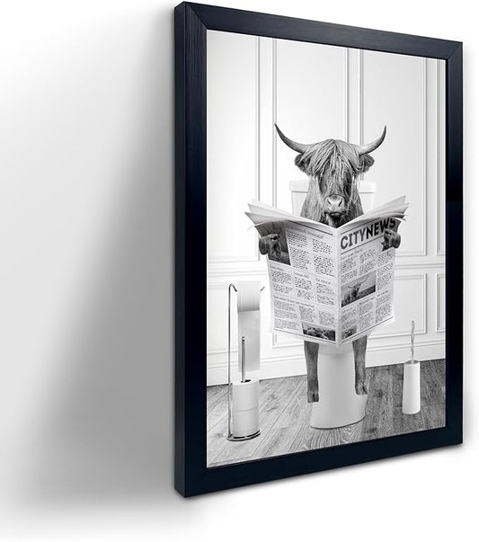 Black Framed Bathroom Decor - Funny Highland Cow Wall Art in Bathtub, Black and White Canvas Cow In Bathroom Picture, Humor Animals Bathroom Artwork Prints, Wall Decor Ready To Hang for Living Room,