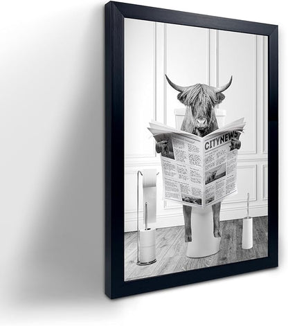 Black Framed Highland Cow Wall Art in Bathtub, Funny Black and White Canvas Picture, Humor Animals Artwork Prints for Bathroom, Bedroom, Kids Decor