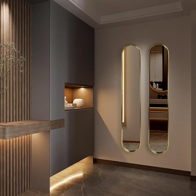 OUSHUAI Gold Full Length Oval Mirror,Narrow Capsule Long Mirrors with Metal Frame for Entryway,Hallway,Living Room 44"X8"(2pcs) …