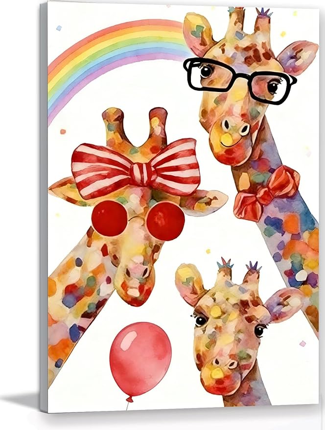 12x16 Inch Colorful Giraffe Canvas Wall Art - Watercolor Rainbow Giraffe Family Poster with Glasses Balloon - Framed Funny Animal Wall Decor Prints for Kids Bedroom Nursery Bathroom Playroom