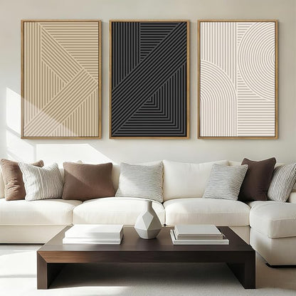 Large Neutral Abstract Wall Art Framed Mid Century Modern Canvas Paintings Artwork Geometric Wall Decor Modern Abstract Artwork Minimalist Art Prints Boho Home Decor for Living Room Bedroom Bathroom Office 36x24 Inch Set of 3
