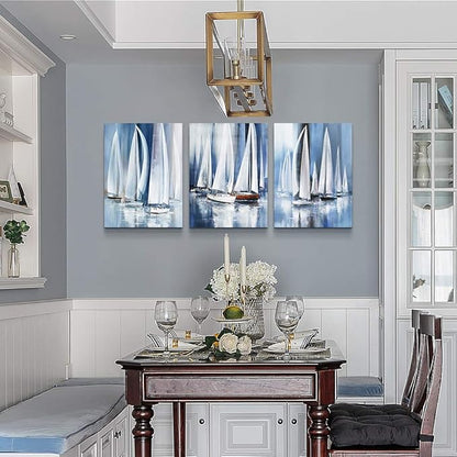 3 Piece Framed Canvas Wall Art For Living Room Bathroom Bedroom Wall Art Decor Ocean Landscape Sailboat Abstract Canvas Painting Ready To Hang Office Home Decoration Sea Poster Pictures Wall Artworks