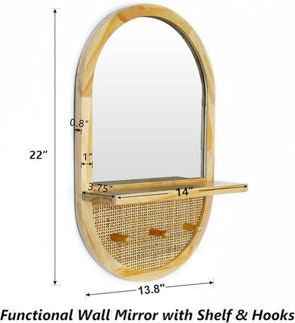 Wood Wall Mirror with Hooks, 22x14 Inch Boho Wall Mirror with Removable Shelf, Oval Solid Wood Framed, Handmade Rattan Mirror Decor Accent for Entryway, Bathroom, Nursery, Bedroom, Living Room