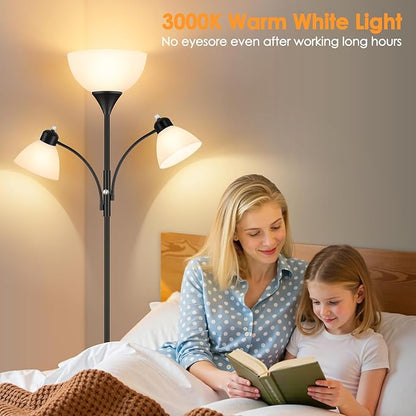Coucrek Torchiere Floor Lamps for Living Room,72" Dimmable Lamp with 2 Adjustable Reading Lights for Bedroom, Black Tall Standing Room Lamp, 3 Bulbs Included