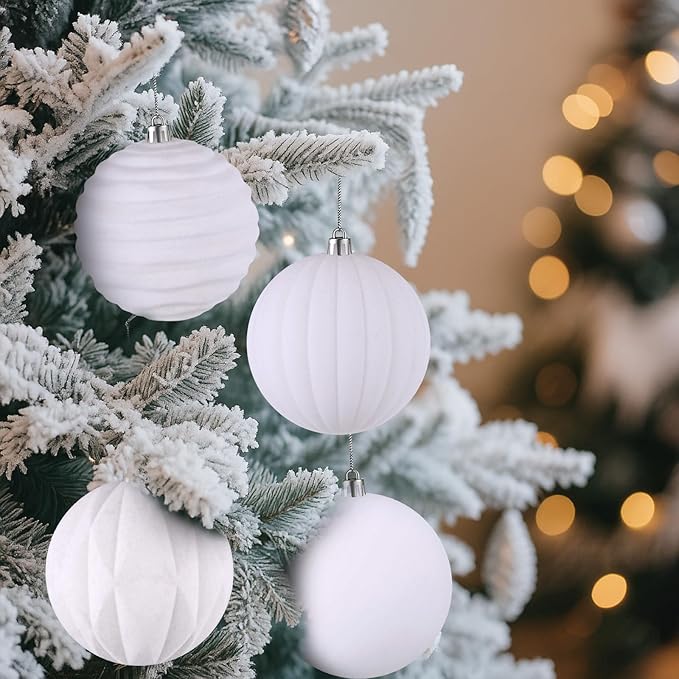 Liliful 12 Pcs Velvet Christmas Ornaments Balls, 4 Inch Flocked Plastic Christmas Tree Ball Shatterproof Hanging Ornaments Decorations for Xmas Tree Vintage Holiday Rustic Home Decor(White)