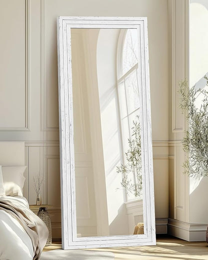 Full Length Mirror 65"x22" with Stand Solid Wood Frame Floor Large Mirror for Living Room, Bedroom Hanging Standing or Leaning Wall-Mounted, White