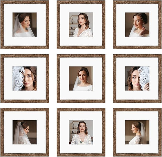 10x10 Picture Frame Set of 9, Display Pictures 8x8 with Mat or 10x10 without Mat, Multi Collage Gallery Square Photo Frames for Wall or Tabletop,Distressed Brown