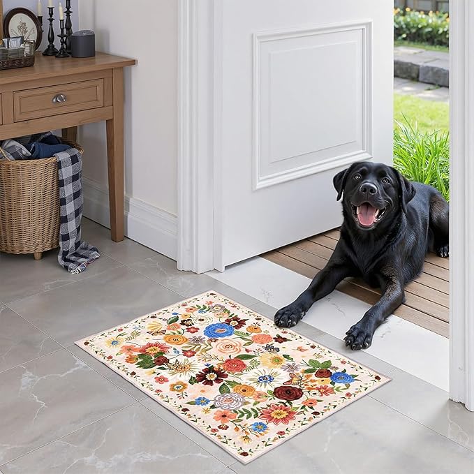 Area Rugs 24x17 Inch Home Decor Entry Rug, Small Door Mat Bath Mats for Bathroom, Ultra-Thin Non Slip Floral Rug Low Pile Tub Mat for Sink Shower Doorway Tub Kitchen Sink(2 x 1.4 ft, Beige)