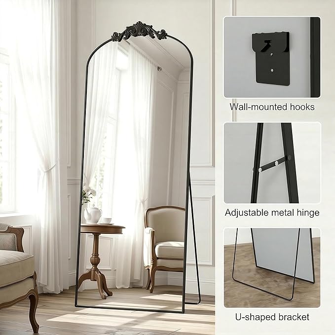 Antok Arched Full Length Mirror, 64"x21" Floor Mirror with Carved, Full Body Mirrors for HomeDecor, Standing/Halling Large Wall Mirror for Bedroom, Living Room, Cloakroom, Black, Vintage Style