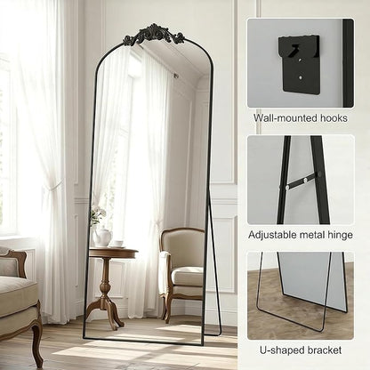 Antok Arched Full Length Mirror, 64"x21" Floor Mirror with Carved, Full Body Mirrors for HomeDecor, Standing/Halling Large Wall Mirror for Bedroom, Living Room, Cloakroom, Black, Vintage Style