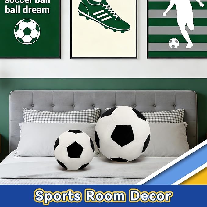 Fluffy Soccer Pillow - 8" Orbicular Durable Soccer Ball Plush, Soft Stuffed Soccer Decorative Pillows for Couch & Bedroom, Sports Gift for Soccer Enthusiasts