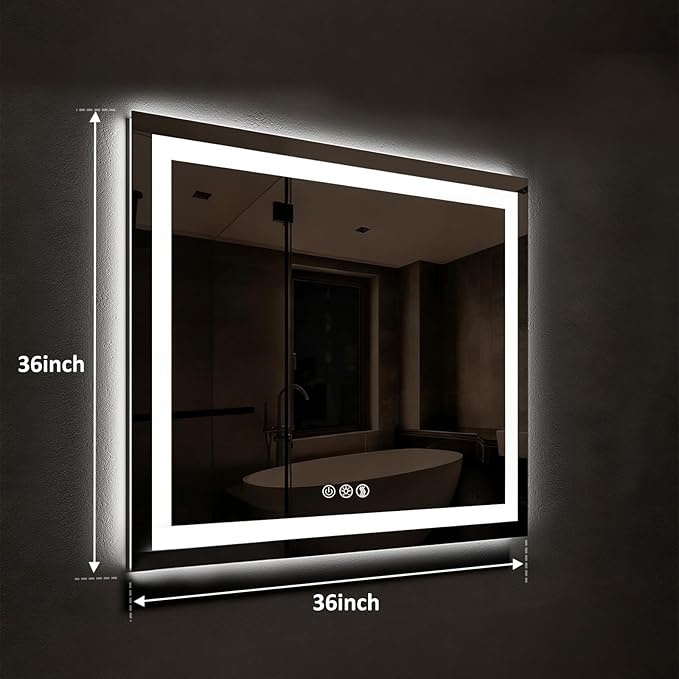 ROOMTEC 36 x 36 Inches LED Bathroom Mirror with Lights, Vanity Mirror with Front and Backlight, Smart Dimmable Anti-Fog LED Mirror for Bathroom, Memory Function, Tempered Glass (Horizontal/Vertical)