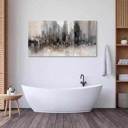 Nyc Skyline Painting Wall Art Grey Buildings Picture for Living Room Modern Home Bedroom Decoration Black and White and Brown Framed Artwork Decor 20X40