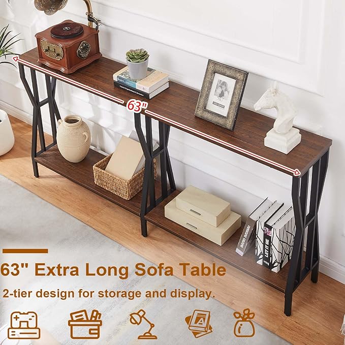 HOMISSUE Sofa Console Table, 63" Extra Long Sofa Table with 2-Tier Storage, Industrial Narrow Console Tables Behind Couch, Hallway Table for Entryway, Living Room, Rustic Brown