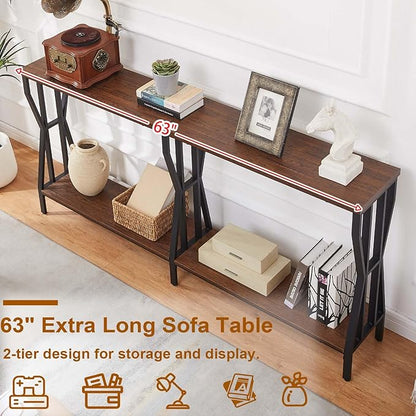 HOMISSUE Sofa Console Table, 63" Extra Long Sofa Table with 2-Tier Storage, Industrial Narrow Console Tables Behind Couch, Hallway Table for Entryway, Living Room, Rustic Brown