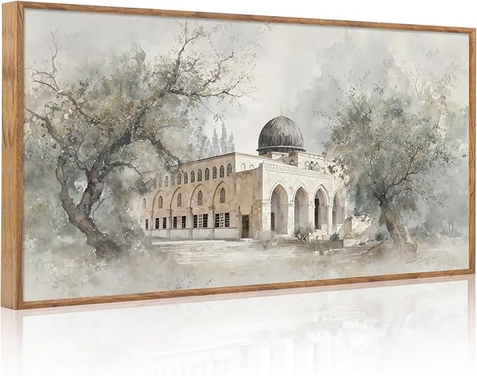 CHDITB Jerusalem Palestine Al Aqsa Mosque with Olive Trees Wall Art Framed, Neutral Modern Middle Eastern Arabic Muslim Gift Canvas Artwork, Large Vintage Islamic Masjid Architecture Painting Decor for Living Room Office (40"L x 20"W)