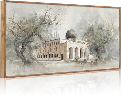CHDITB Jerusalem Palestine Al Aqsa Mosque with Olive Trees Wall Art Framed, Neutral Modern Middle Eastern Arabic Muslim Gift Canvas Artwork, Large Vintage Islamic Masjid Architecture Painting Decor for Living Room Office (40"L x 20"W)