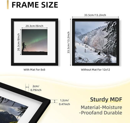 YESKAY 12x12 Picture Frame Set of 9, Photo Gallery Wall Frame Set, Display Pictures 8x8 with Mat or 12 x 12 Without Mat, Square Frame Picture Frames Collage Wall Decor, Black