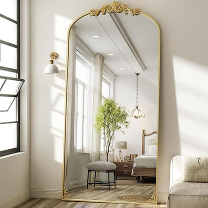 GLSLAND 77"x 38" Vintage Full Length Mirror - Large Carved Floor Mirror with Metal Frame Baroque Arched Full Body Mirrors for Bathroom/Living Room/Entryway,Gold