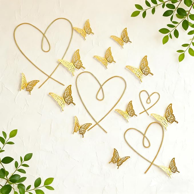 YarnieJiajia Gold Metal Wall Art Decor Wire Hearts And Pvc Butterfly Hanging For Living Room Bedroom Dorm Romantic Minimalist Home Decoration Gift For Women