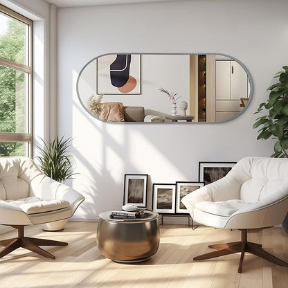 JJUUYOU Oval Full Length Bathroom Mirror 63"X32" Wall Mounted Vanity Metal Frame Mirror Aluminum Alloy Frame Mirrors for Bedroom Entryway Living Room,Grey