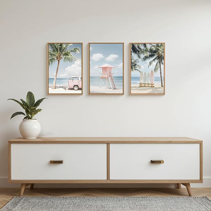 Celestdeco Large Beach Seascape Ocean Framed Canvas Wall Art Set,Modern Coastal Surfboard Palm Tree Wall Decor,Summer Pink Van Artwork for Living Room,Bedroom,Dining Room,Office-24 x36 x3