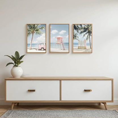 Celestdeco Large Beach Seascape Ocean Framed Canvas Wall Art Set,Modern Coastal Surfboard Palm Tree Wall Decor,Summer Pink Van Artwork for Living Room,Bedroom,Dining Room,Office-16 x24 x3