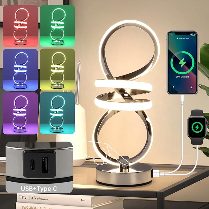 EIDISUNY RGB Spiral Table Lamp, Modern LED Table Lamp, Chrome Cool Bedside Lamps, 7 Colors & 10 Light Modes Touch Dimmable LED Nightstand Lamp with USB/Type C for Bedroom, Living Room,Silver