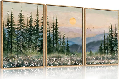 Boho Sunset Forest Framed Canvas Wall Art Set,Colorful Nature Landscape Green Pine Tree Wall Decor, Modern Watercolor Mountain Artwork for Living Room,Bedroom,Office-24 x36 x3