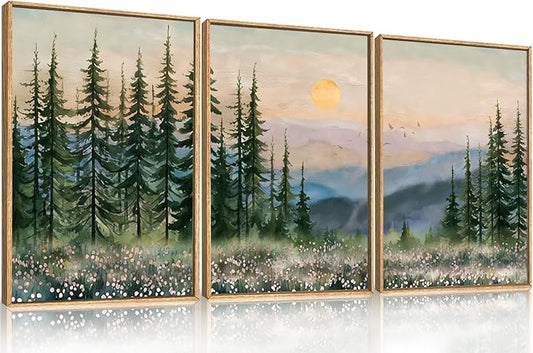Boho Sunset Forest Framed Canvas Wall Art Set,Colorful Nature Landscape Green Pine Tree Wall Decor, Modern Watercolor Mountain Artwork for Living Room,Bedroom,Office-24 x36 x3