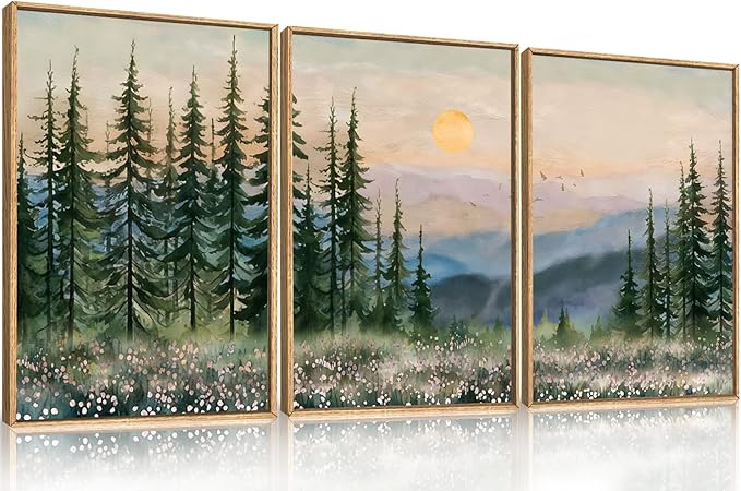 Boho Sunset Forest Framed Canvas Wall Art Set,Colorful Nature Landscape Green Pine Tree Wall Decor, Modern Watercolor Mountain Artwork for Living Room,Bedroom,Office-16 x24 x3