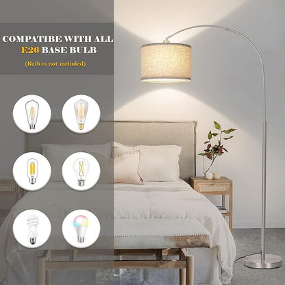 Arc Floor Lamp, Modern Floor Lamp for Living Room with Adjustable Head, Tall Pole Lamp with On/Off Pedal Switch, Over Couch Arched Tall Standing Light for Reading, Bedroom, Office (Silver)