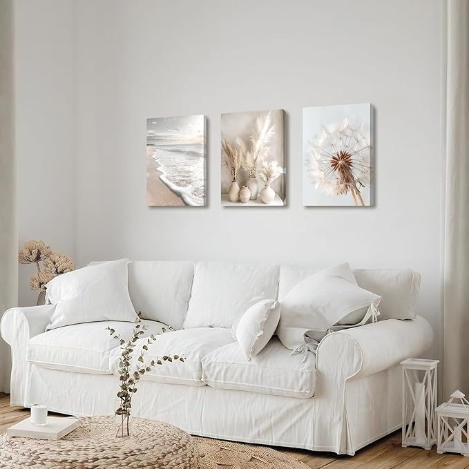 3 Pcs Beach Coastal Sunset Wall Art for Living Room, Modern Beige Dandelion Reeds Botanical Wall Pictures Aesthetic Nature Landscape Wall Painting Art Prints for Bedroom Office Home Decor 16"x24"x3Pcs