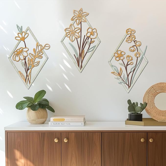 ShxTrade 3 Pcs Metal Flowers Wall Arts, Rustic Farmhouse Decor Minimalist Flower Wall Decors Natural Themed Home Decorations for Bathroom Kitchen Living Room Bedroom (Yellow)