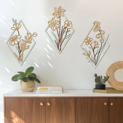 ShxTrade 3 Pcs Metal Flowers Wall Arts, Rustic Farmhouse Decor Minimalist Flower Wall Decors Natural Themed Home Decorations for Bathroom Kitchen Living Room Bedroom (Yellow)