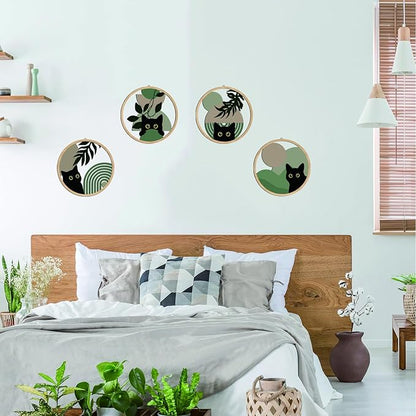 Sage green Cat Wall Art Sage green C at Room Decor Aesthetic, 4-Piece Farmhouse Geometric Wooden Black Cat Wall Decor Mid-Century Bohemian Moon Sun Design for Nursery, Bedroom Ca t Lover Gifts