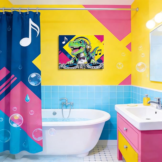 12x16 Pop DJ Dinosaur Canvas Wall Art Prints, Graffiti T-Rex Music Decor with Headphone & Turntable, Colorful Wall Painting for Teen Boy/Kids Bedroom, Child Home Painting Vibrant Hanging Game Poster