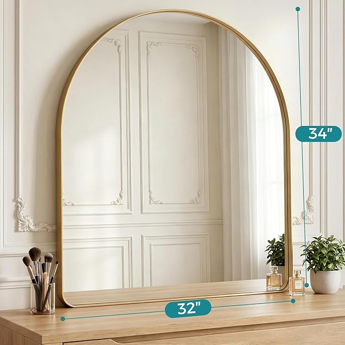 OLIXIS Arched Bathroom Mirror for Over Sink, 34x32 Inch Wall Mirror Arched Rounded Rectangle, Modern Wall Mount Vanity Mirror with Matte Metal Deep Framed, for Home Decor, Living Room, Gold