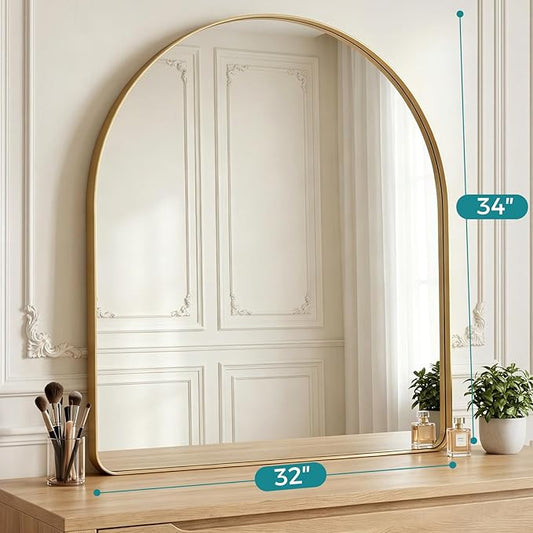 OLIXIS Arched Bathroom Mirror for Over Sink, 34x32 Inch Wall Mirror Arched Rounded Rectangle, Modern Wall Mount Vanity Mirror with Matte Metal Deep Framed, for Home Decor, Living Room, Gold